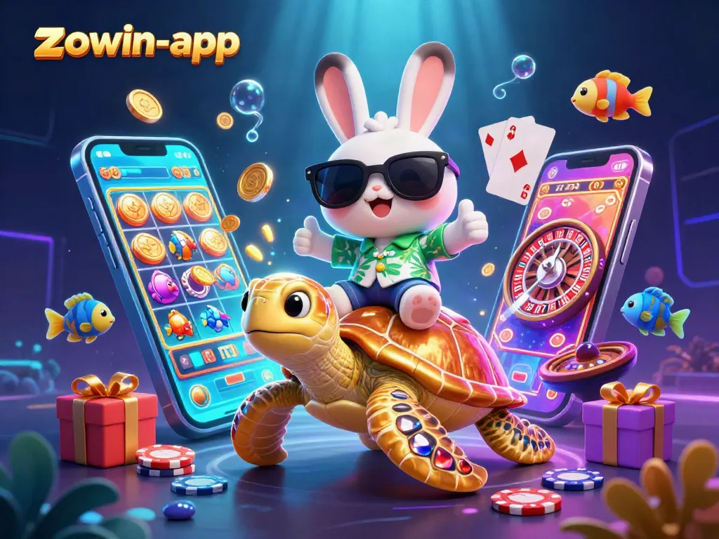 Win big with the zowin-app as our lucky rabbit rides a golden turtle through a colorful casino adventure!