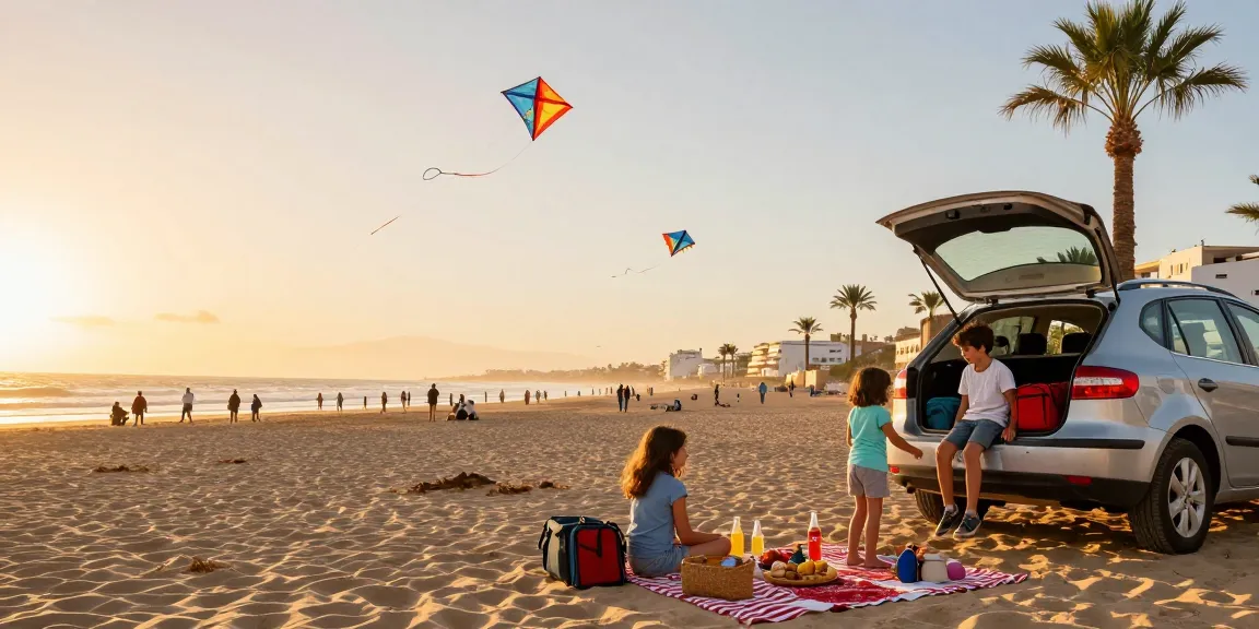 Agadir Car Rentals Official scene of a family enjoying a beach picnic by their rental car, capturing the joy of coastal exploration.