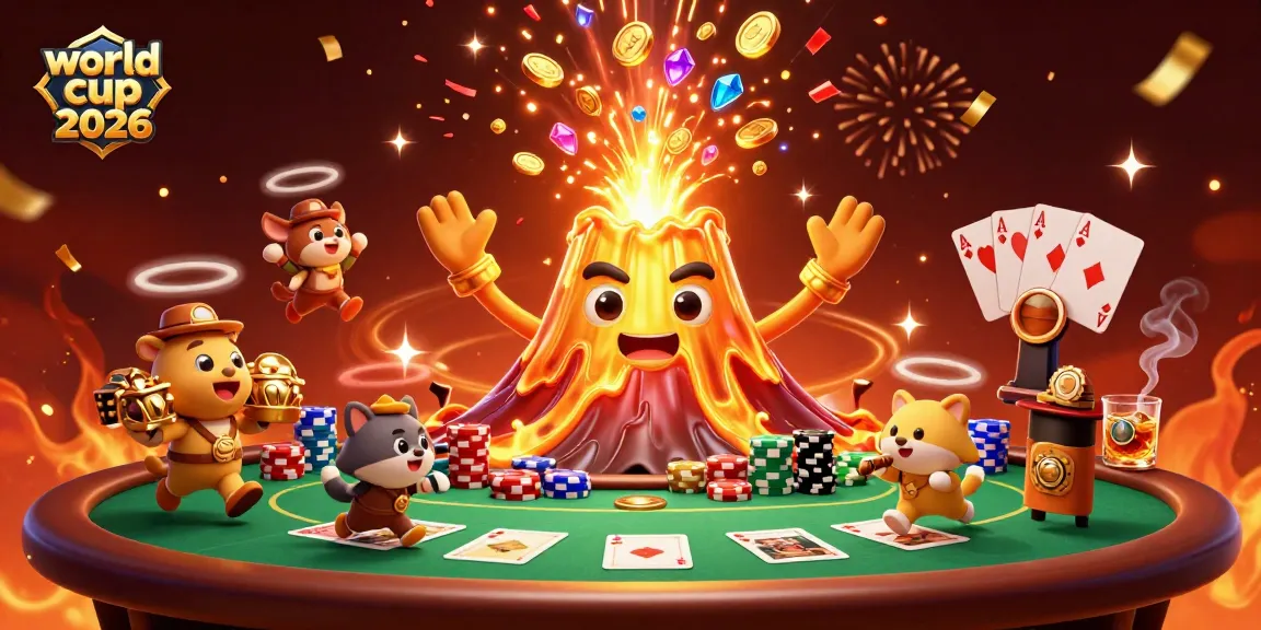 Experience thrilling moments with the golden volcano at world cup 2026, celebrating poker wins in a vibrant scene.