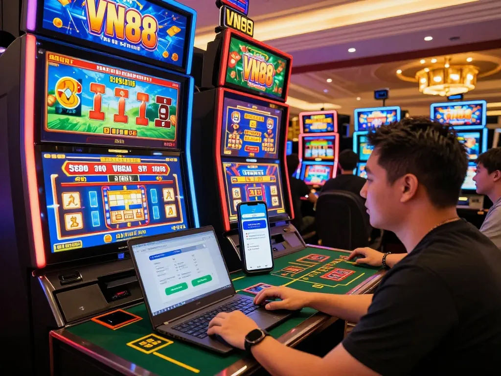 Engaging gaming scene with VN88 platform showcasing sports betting and live casino games.