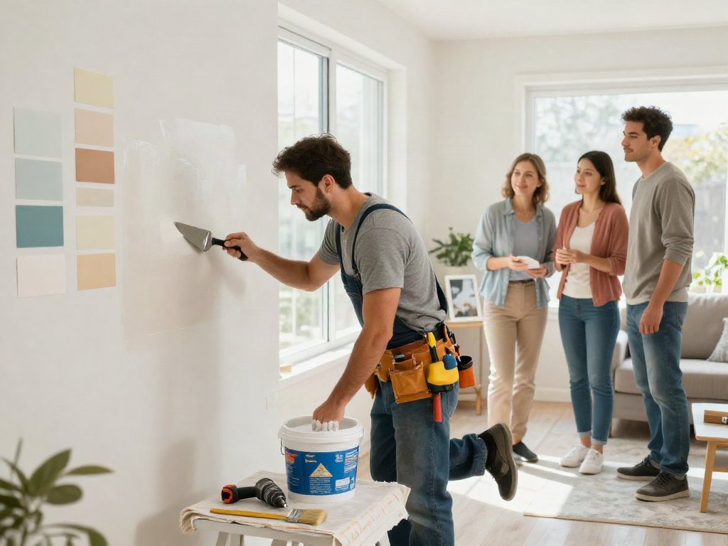 Expert home repair services Des Moines Iowa contractor fixing drywall in a bright living room.