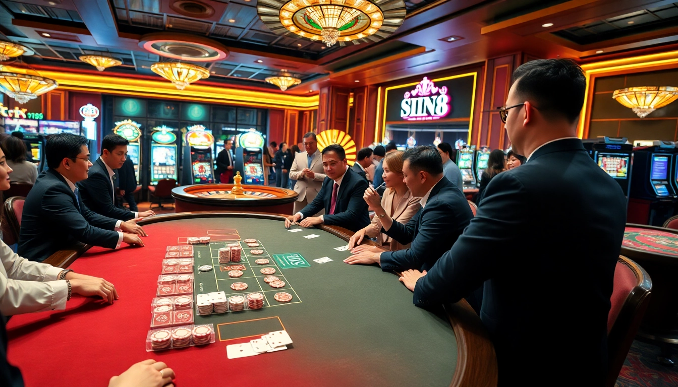 SIN88 casino scene with vibrant poker table and excited players enjoying high stakes action.