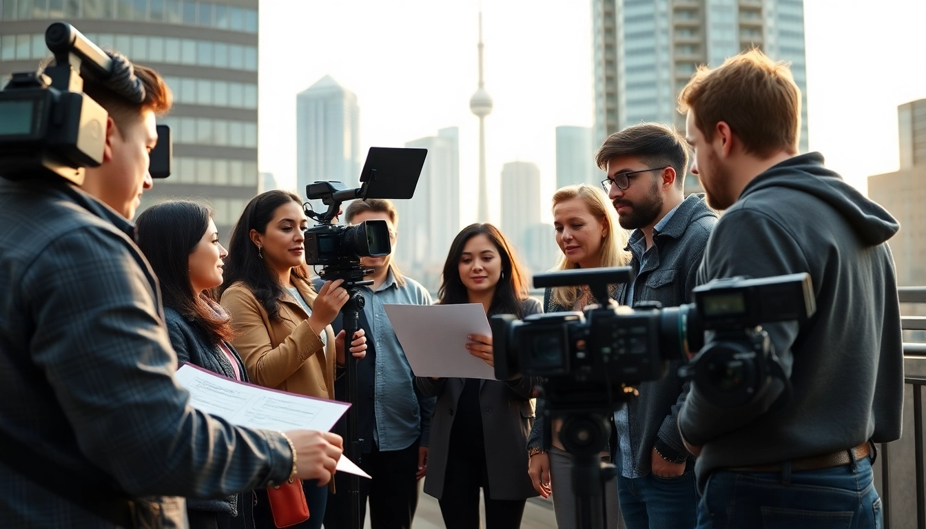 Creating engaging corporate video production toronto with a diverse team in a modern urban setting.