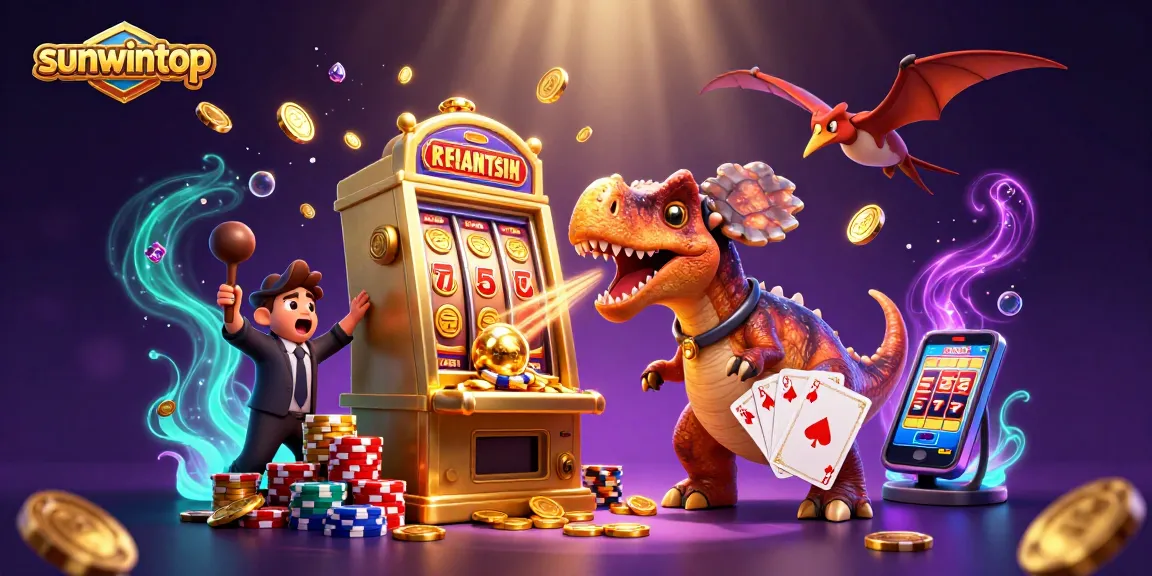 Experience the excitement of sunwintop with a playful dinosaur hitting a slot machine for a jackpot.