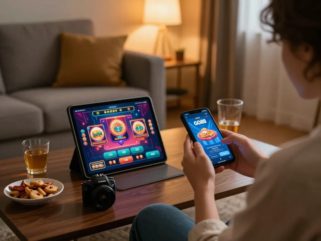 Player exploring GO88 app on smartphone in stylish living room, showcasing online gambling experience.
