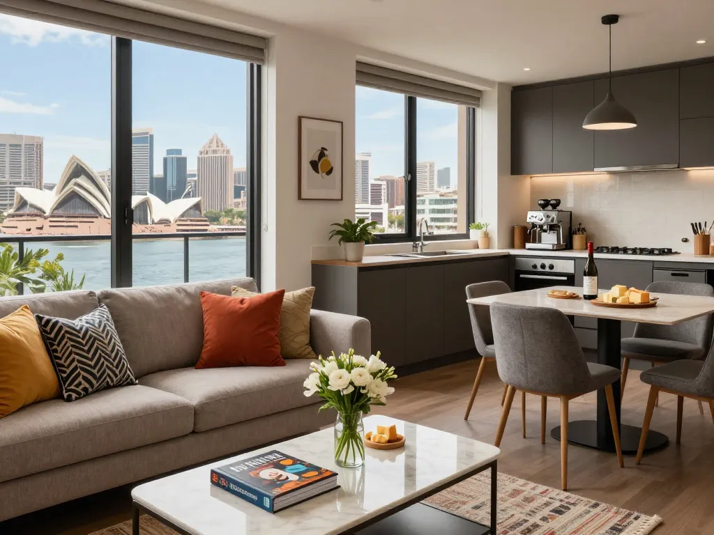 Charming Airbnb management Sydney apartment with stylish decor, natural light, and city views.