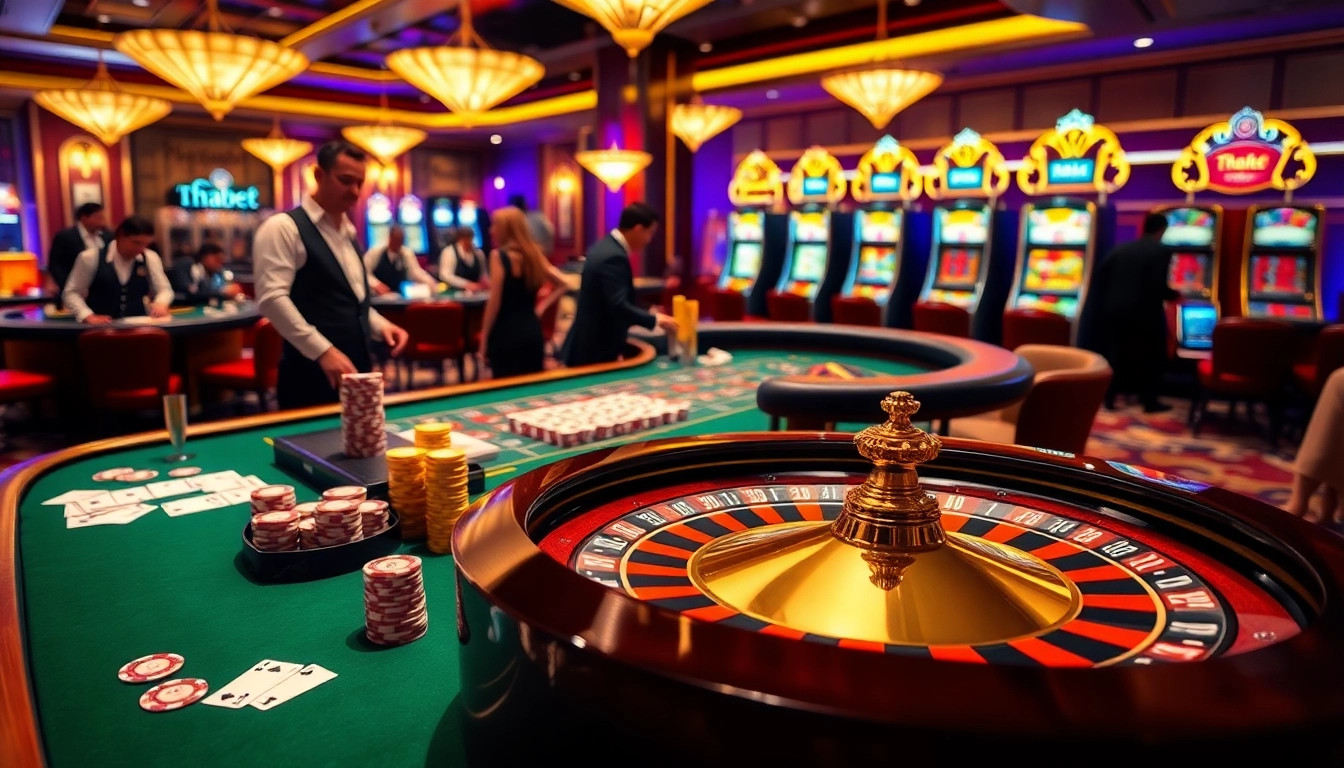 Experience the thrill of playing at Thabet casino with colorful chips and a spinning roulette wheel.