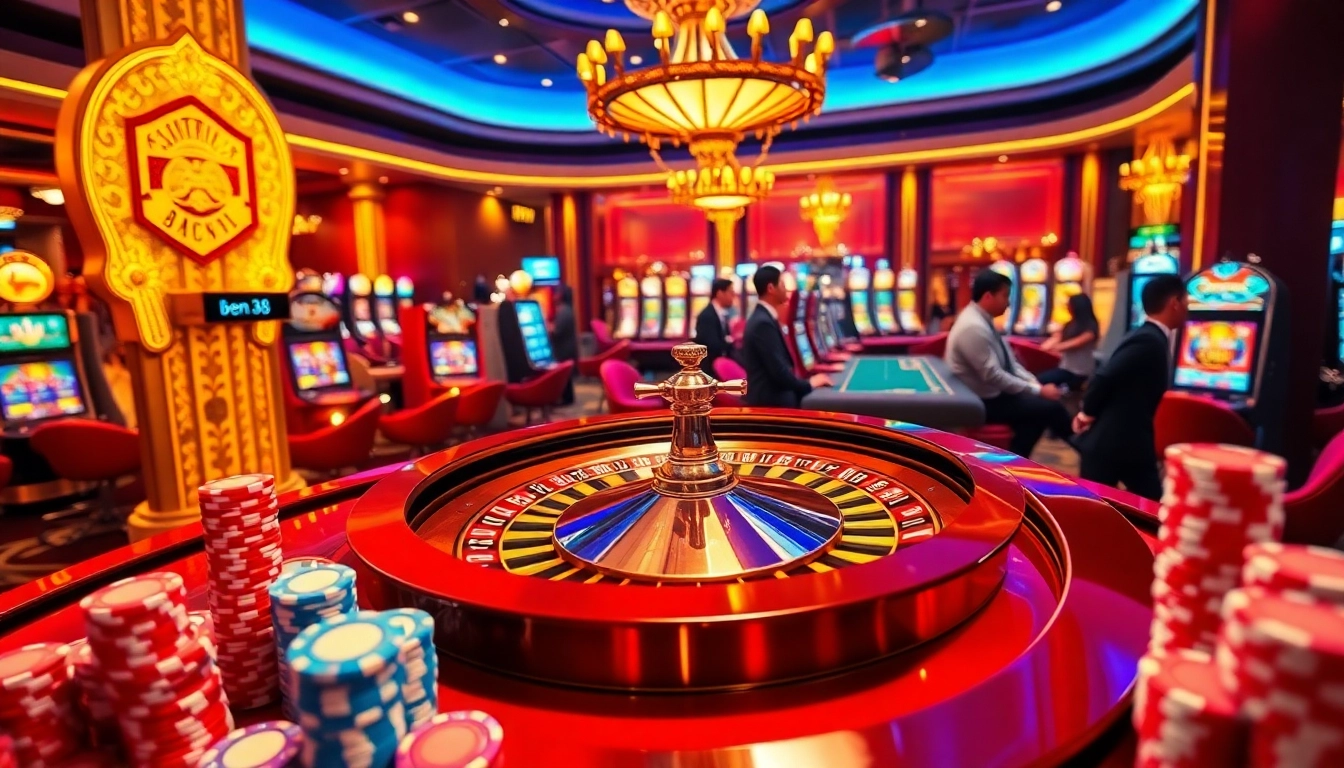 Players enjoying high-stakes games at https://bem88.com, featuring a roulette wheel and vibrant slot machines.