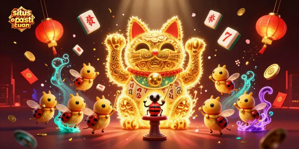 Engage with situs slot pasti cuan through a vibrant casino illustration featuring lucky symbols and dynamic elements.
