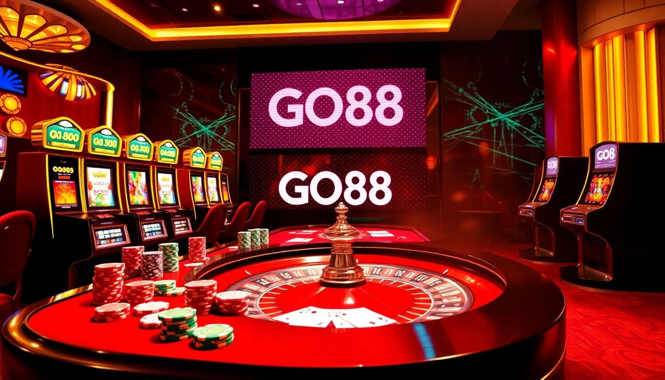 Experience thrilling gameplay at GO88 with vibrant casino tables and illuminated slot machines.