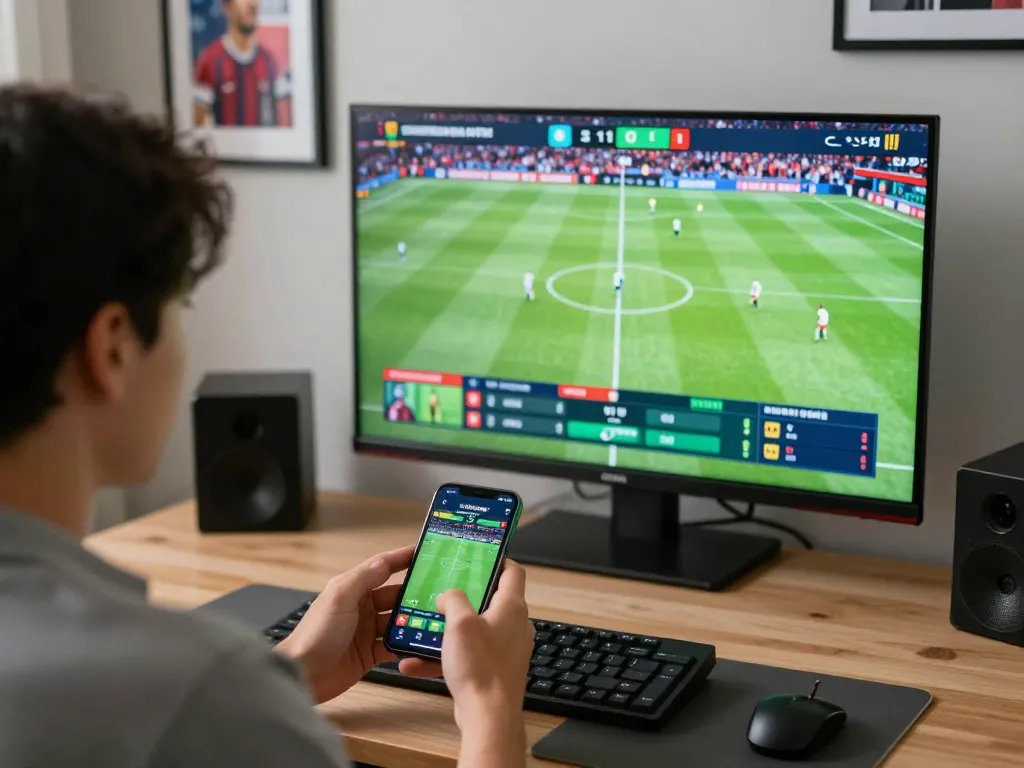 Engaging scene of trực tiếp đá bóng as a person places bets on their smartphone while watching a live football match on a big screen.