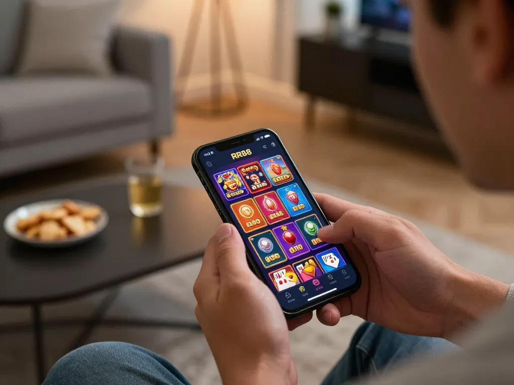 Engaging with the RR88 mobile app for online gaming at home with vibrant interface