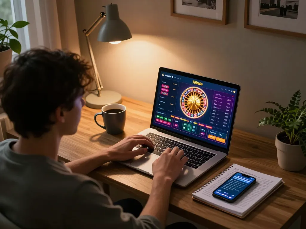 Engaging with đăng ký 789win on a laptop in a cozy home office environment, showcasing online gambling excitement.
