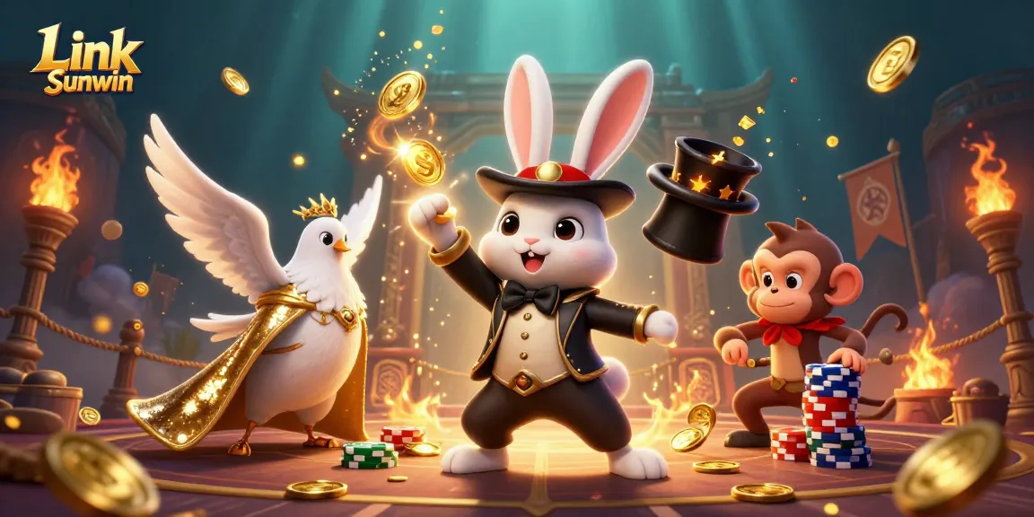Join the excitement with Link Sunwin as the magician rabbit pulls coins, creating a thrilling casino atmosphere.