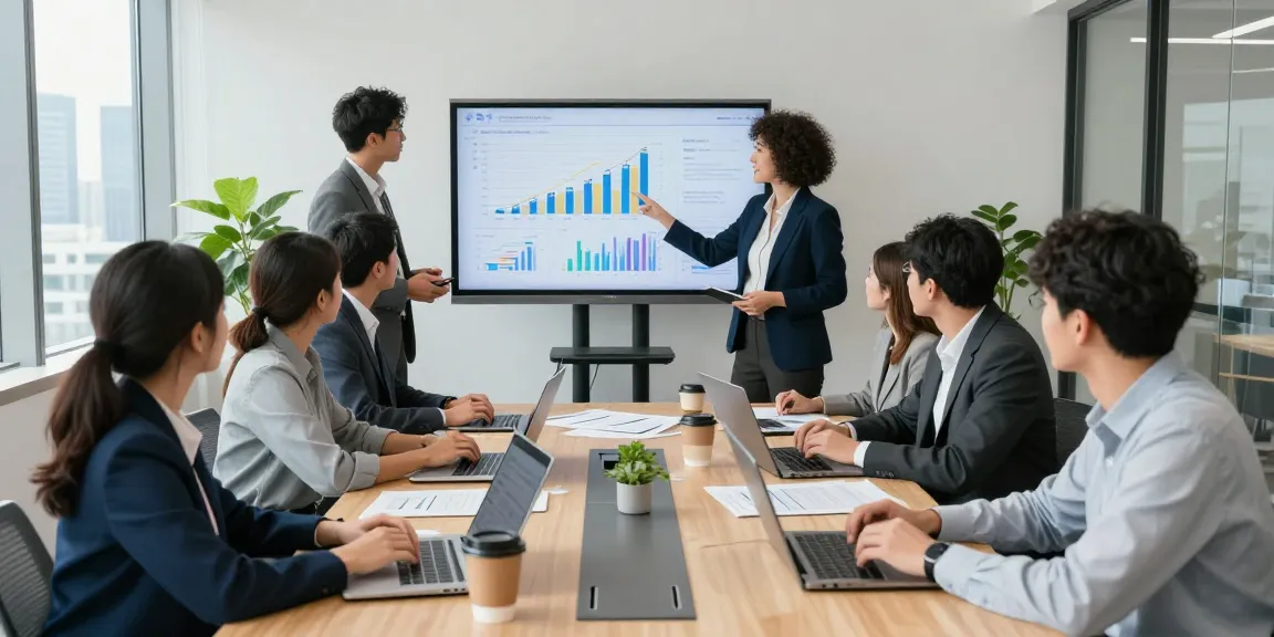 Business process outsourcing collaboration in a modern office with team analyzing growth data.