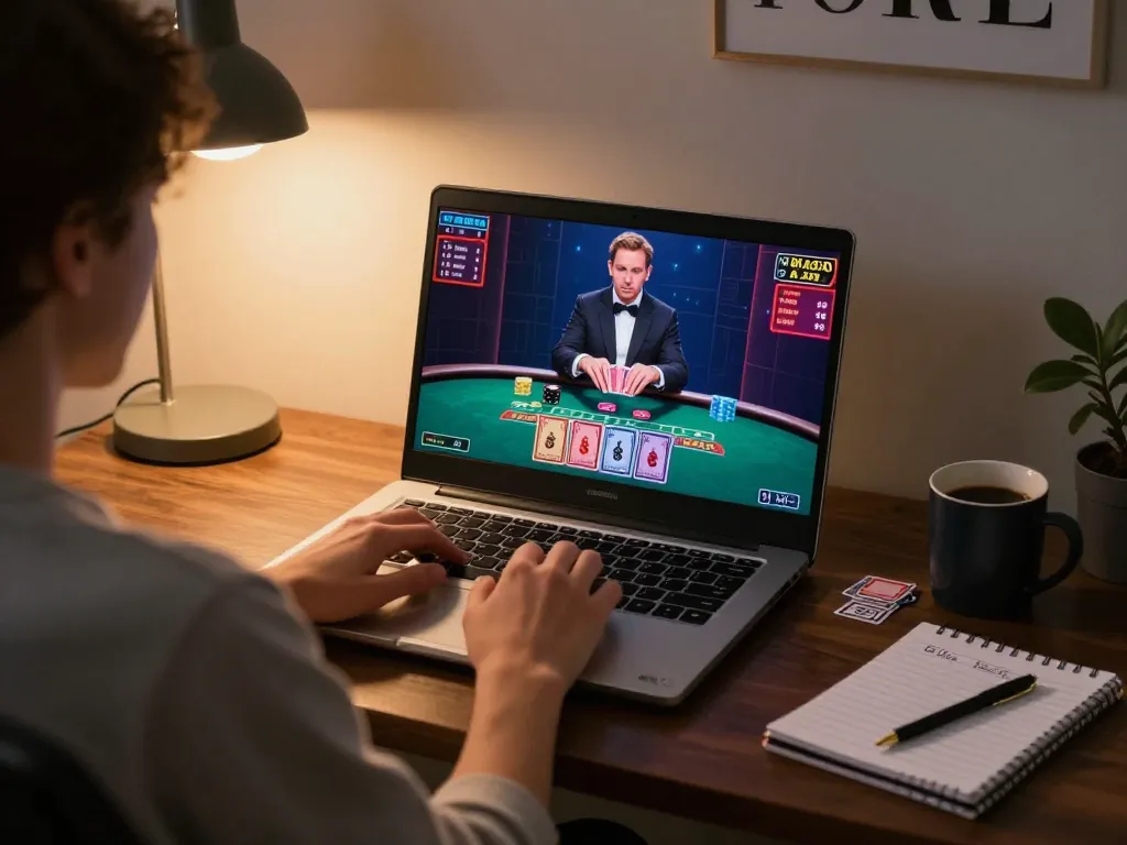 Engage in strategic gameplay with QQ88 movie at home, live dealer blackjack showcased on laptop