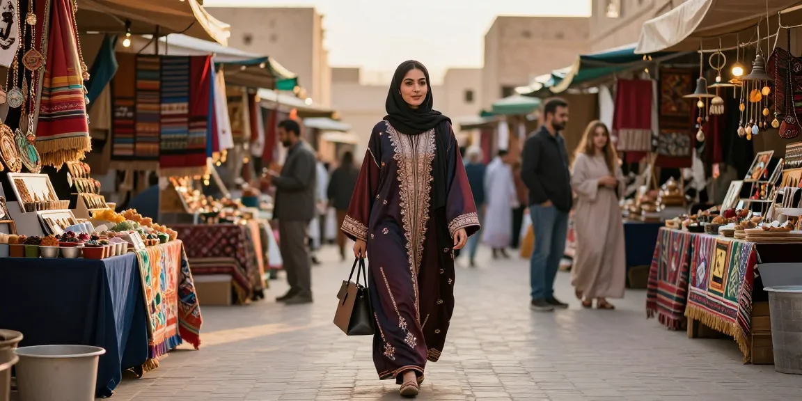 Elegant woman in a beautifully embroidered abaya shopping in a vibrant market