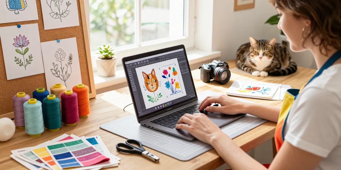 Free embroidery digitizer tools showcased in a vibrant craft room, creating a joyful atmosphere for digital design.