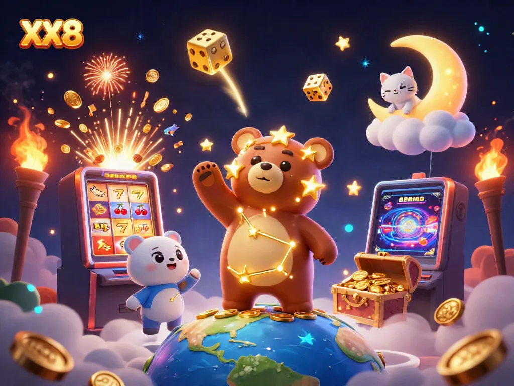 Engage with the vibrant XX8 gaming world of jackpots and coins in a captivating 3D illustration.