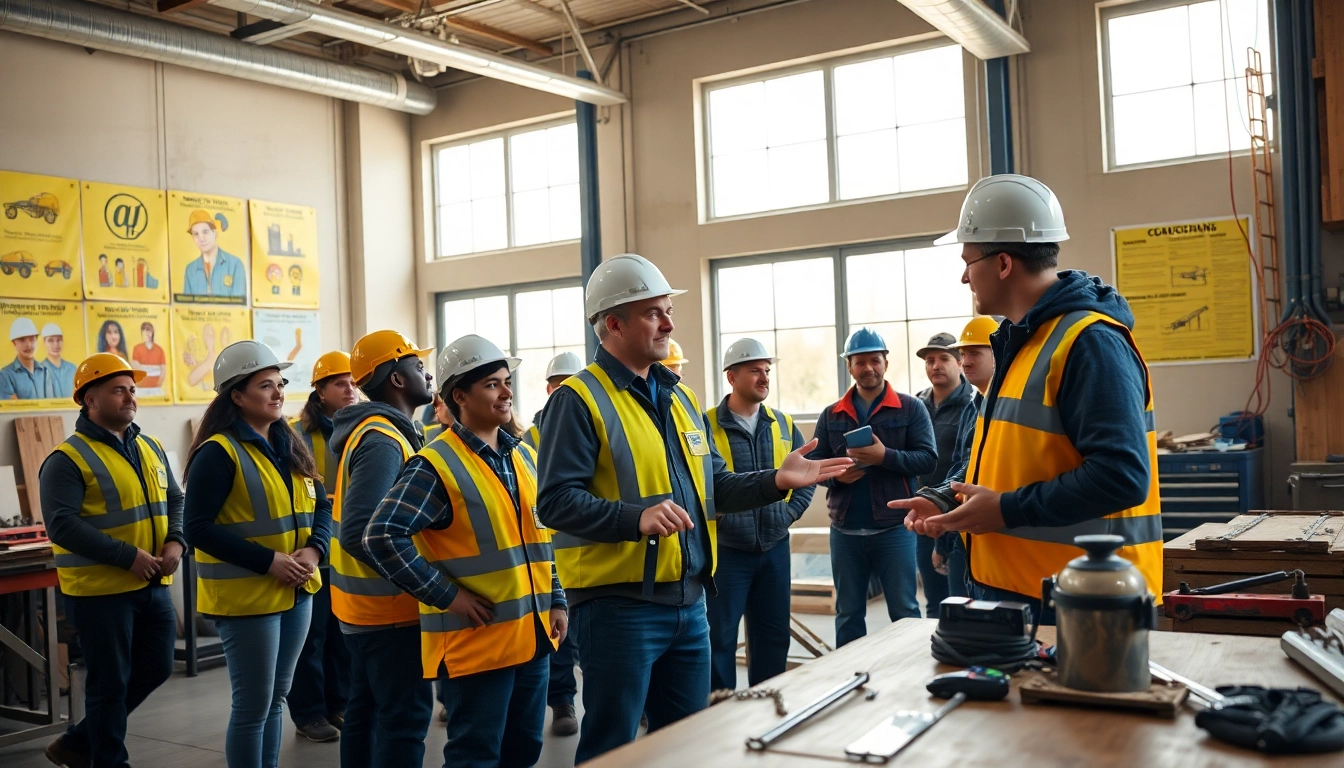 Engaged team in construction safety training, learning vital skills for workplace safety.