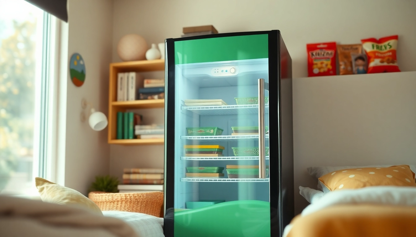 A cozy dorm room fridge showcasing snacks and beverages, designed for student living.