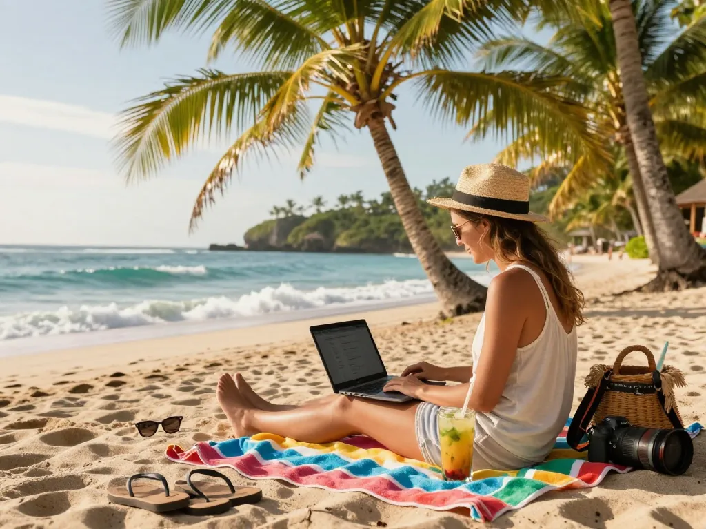 Book Bali tour packages while enjoying the tropical beach view and planning your adventure.