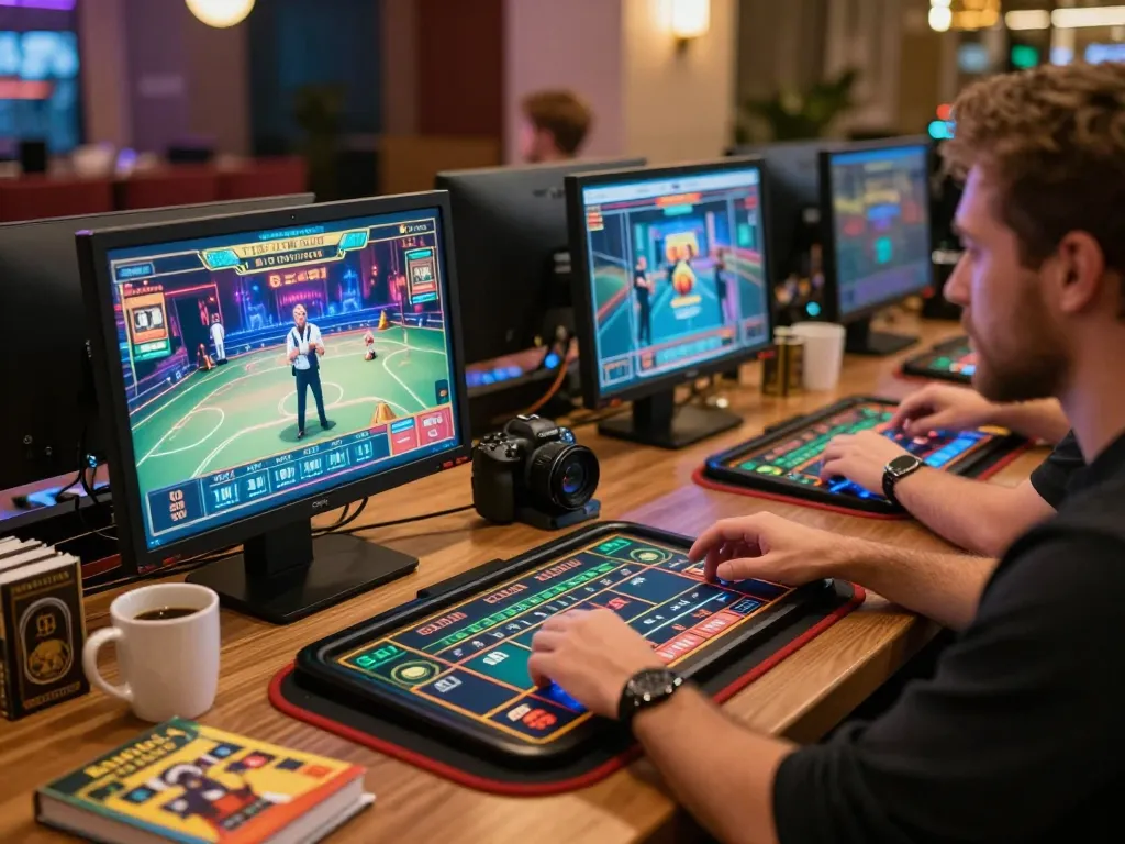 Engaging online gameplay at F168 with vibrant screens and warm lighting, depicting a responsible gambling environment.