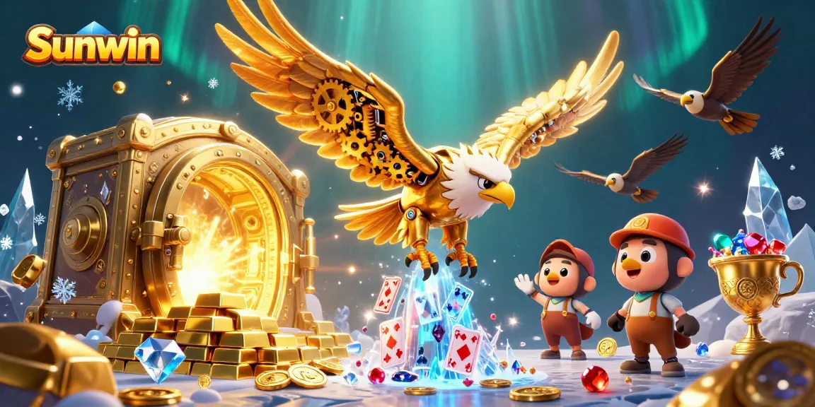 Experience thrilling wins at Sunwin with the cybernetic eagle soaring through a golden treasure-filled casino adventure.