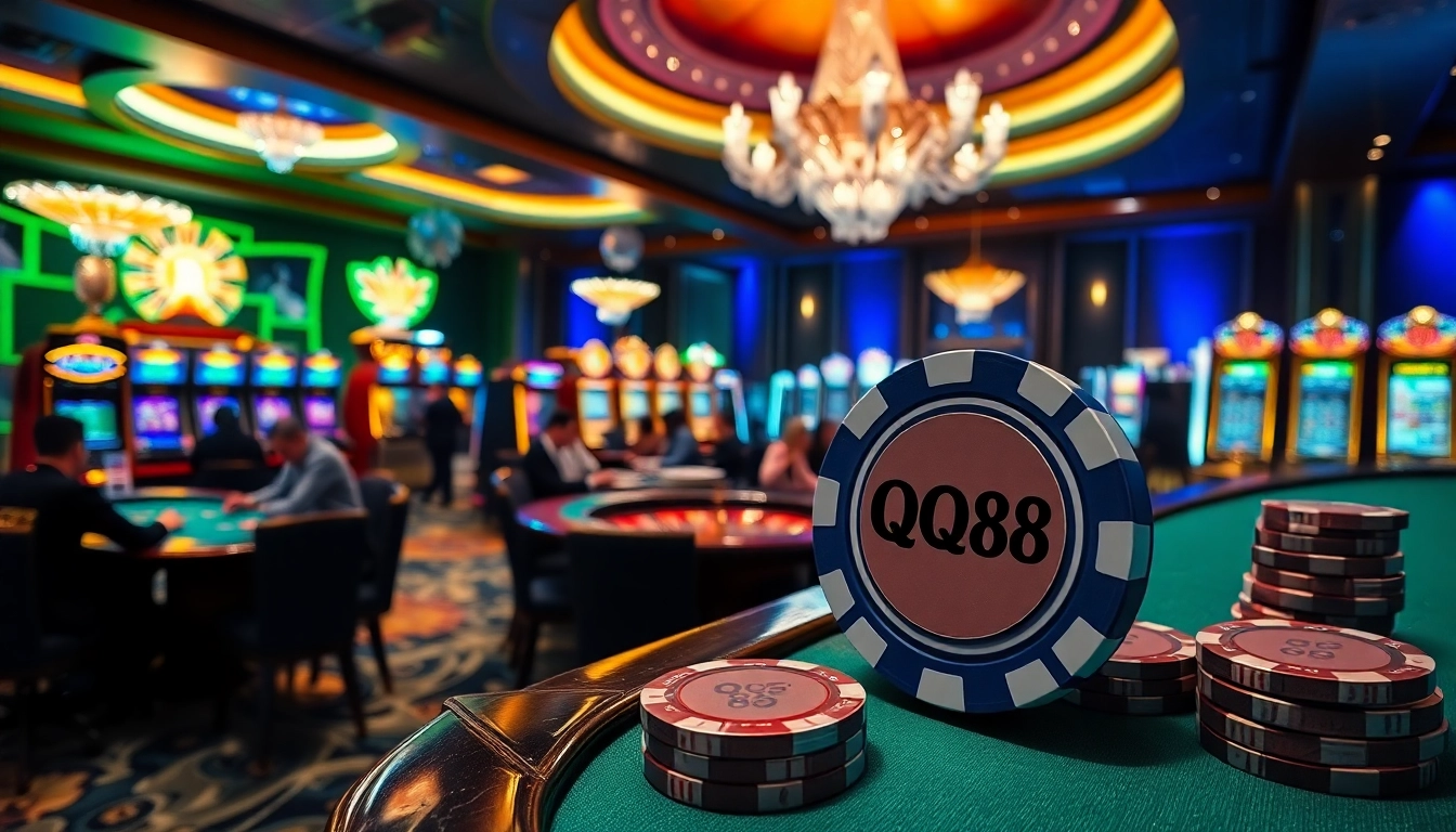 Action-packed QQ88 casino scene with poker tables and vibrant slot machines.