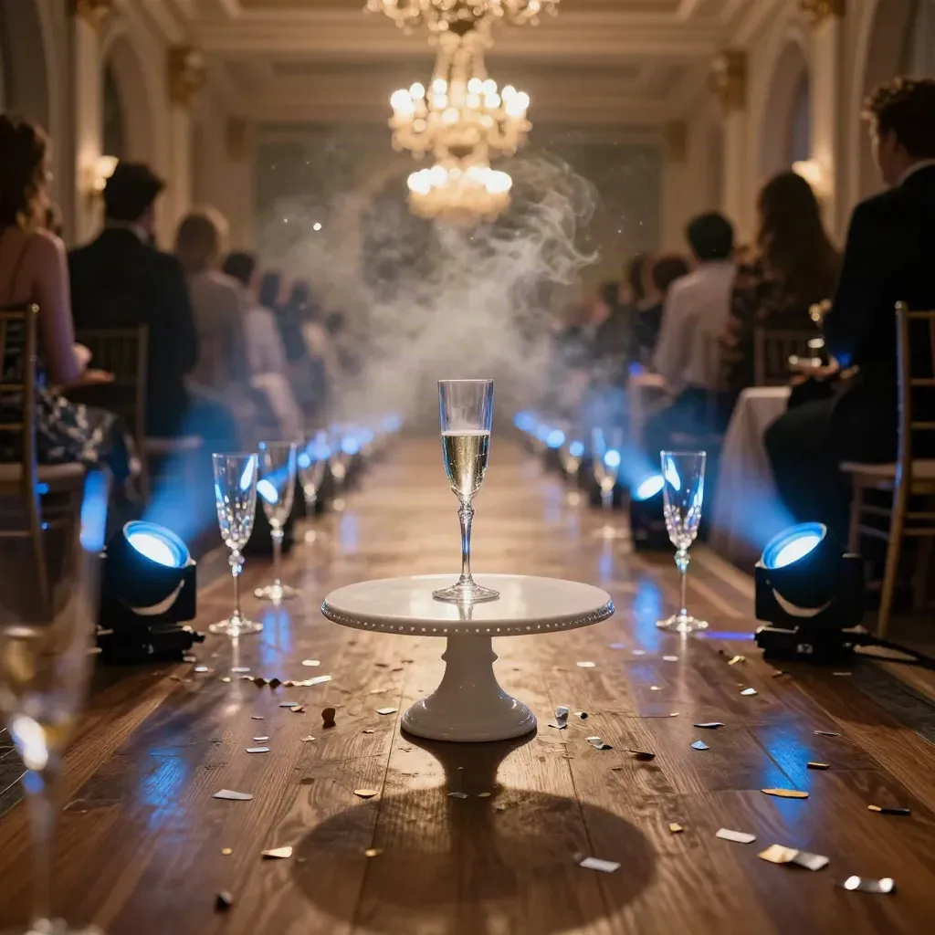 After-hours event venue with champagne flutes, confetti, blue uplights, and mist on a banquet aisle.