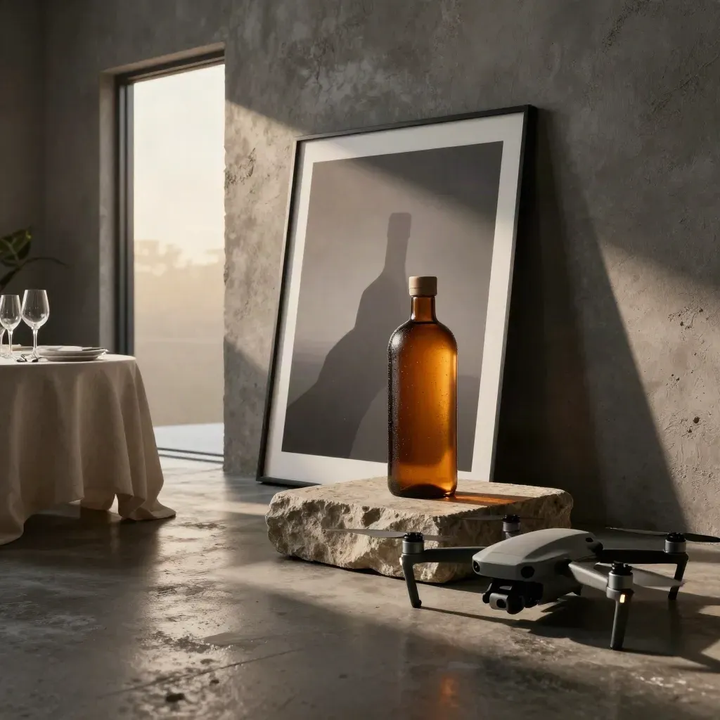 Rain-damp loft with print, bottle, tablescape, doorway and drone in dramatic sunbeam.