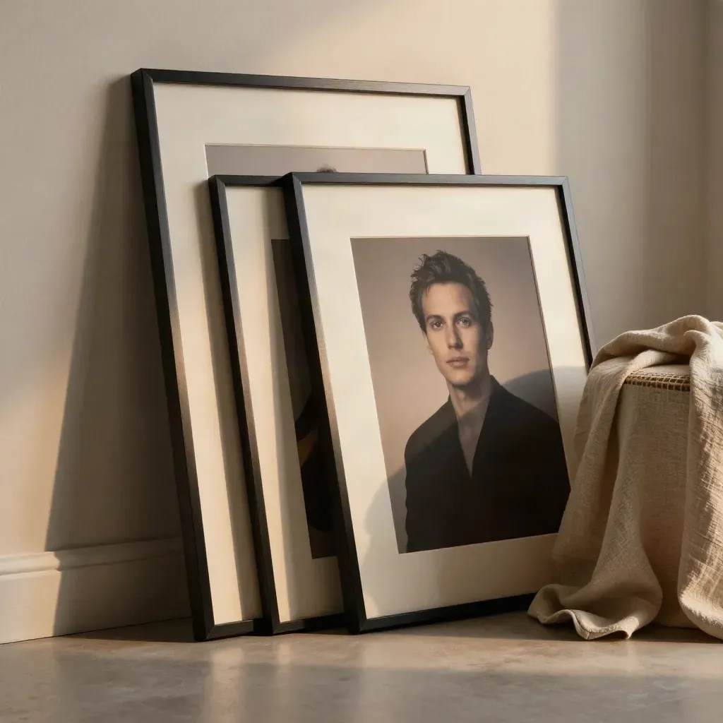 Framed print samples, linen drape, and stool in a warm portrait studio corner