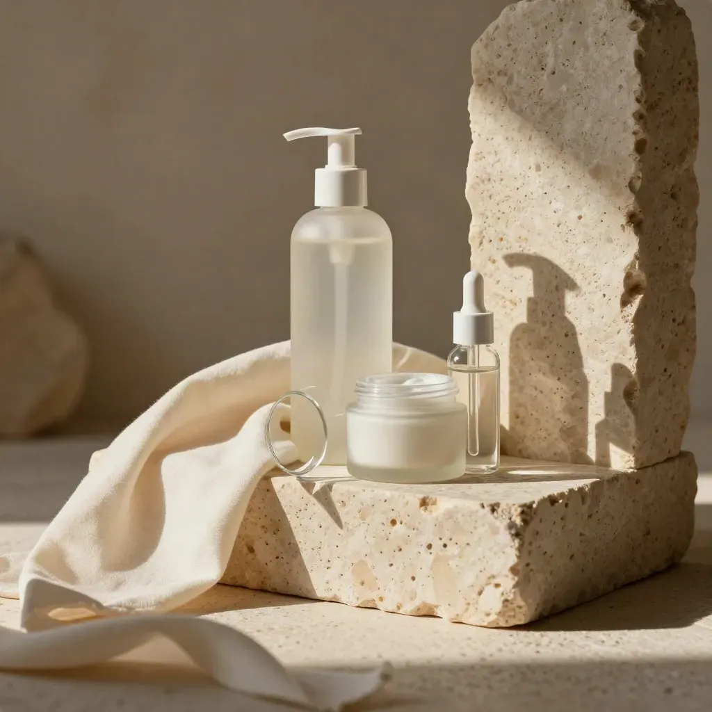 Travertine skincare bottles on stone pedestals with cream fabric in directional light.
