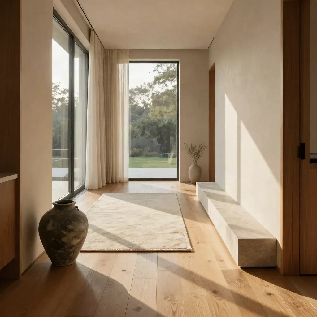 Sunlit living room with tall windows, hallway reveal, woven rug, and a sculptural slate vase.