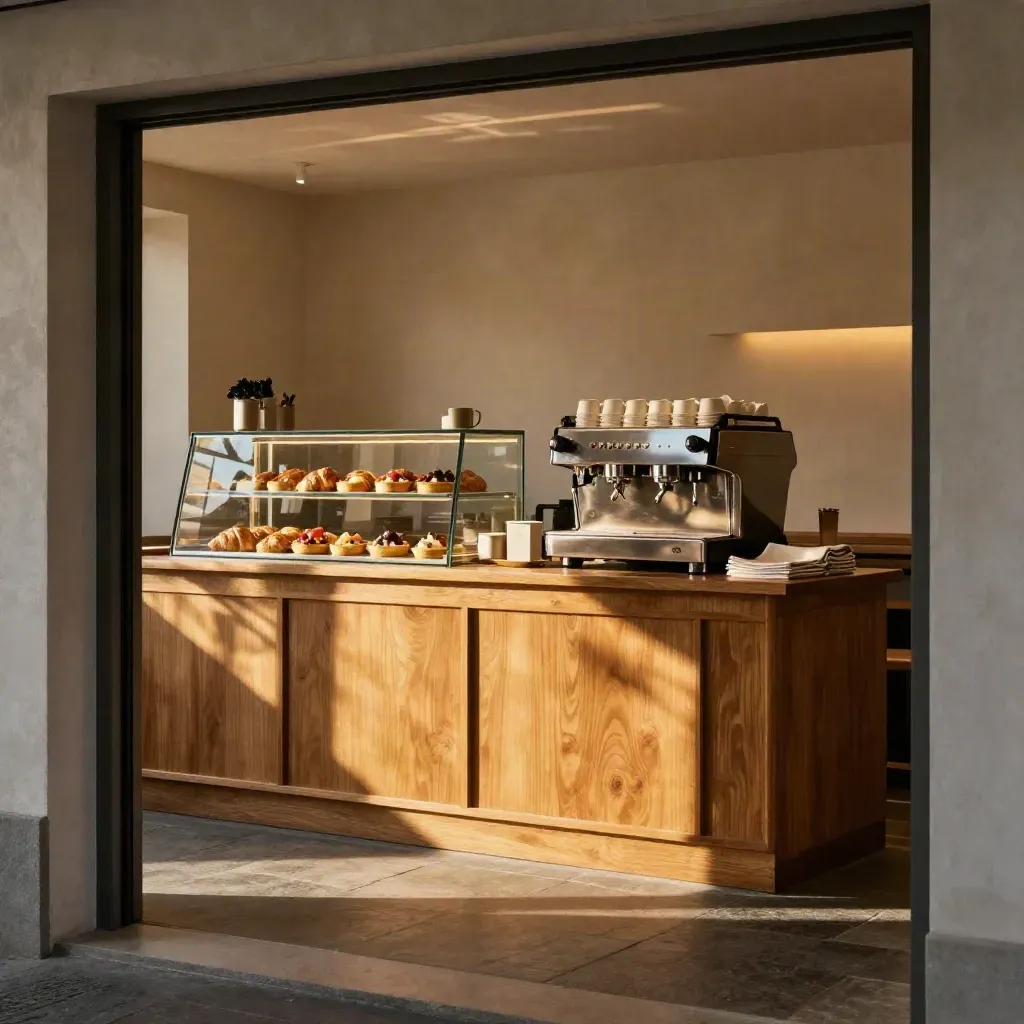 Launch-ready Cedar Lane Cafe interior with pastry case, espresso machine, warm counter, and steam haze.