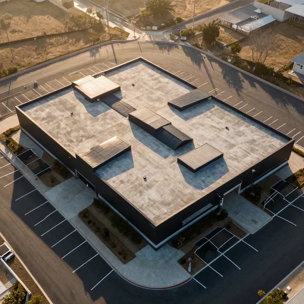 Top-down aerial of a roofline, courtyard and parking geometry in warm sunset haze.