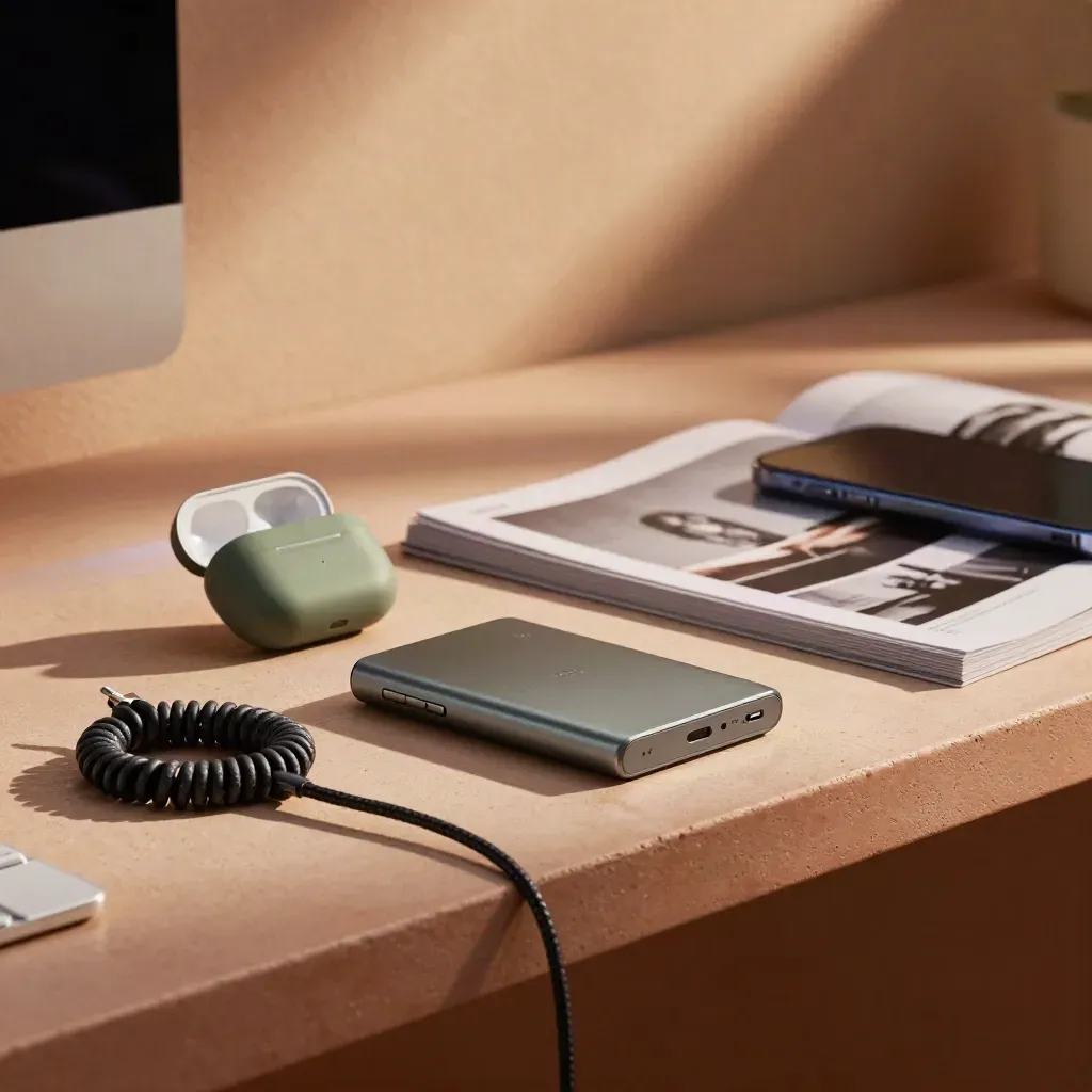 Portable SSD, earbud case, crop proofs and phone beside an editing light on a warm studio ledge.