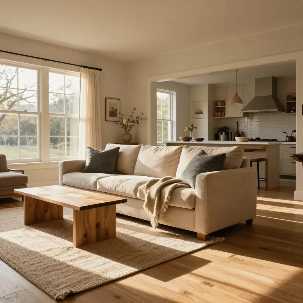 Empty staged living room with sunlit sofa, open sightlines, and warm oak flooring.