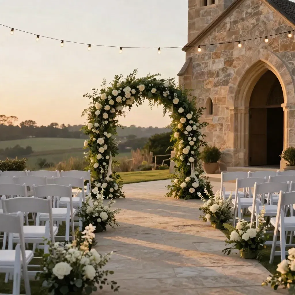 Empty Hill Country wedding aisle with floral arch, chapel edge, and sunset light.