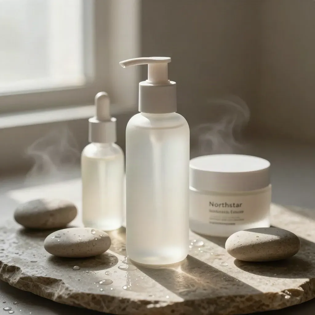 Skincare bottles and jar on wet stone with dew, lit by warm window light