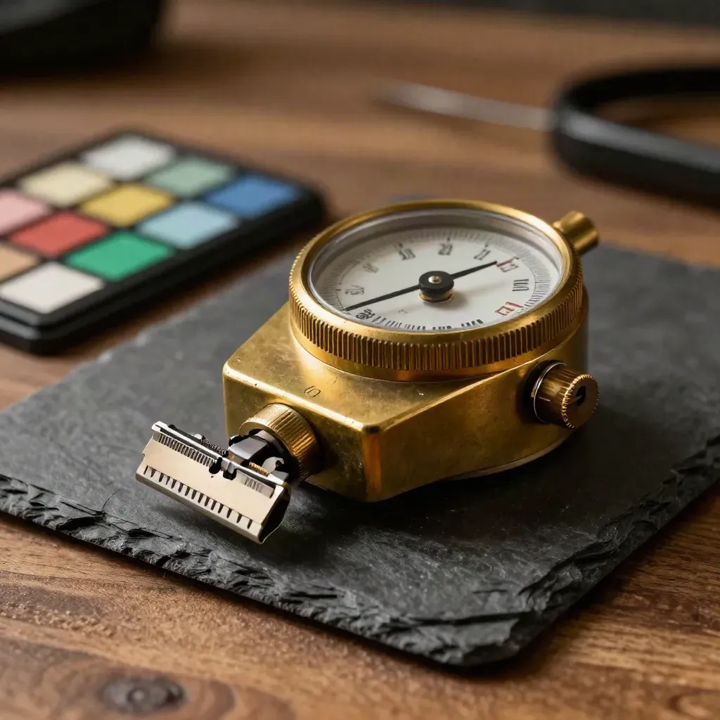 Macro still life of a brass light meter, gray card, color checker, and slate clamp on walnut.