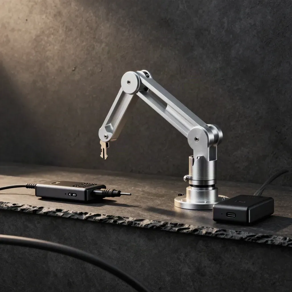 Gimbal arm, receiver, cable and dock on a slate shelf in dramatic studio light.
