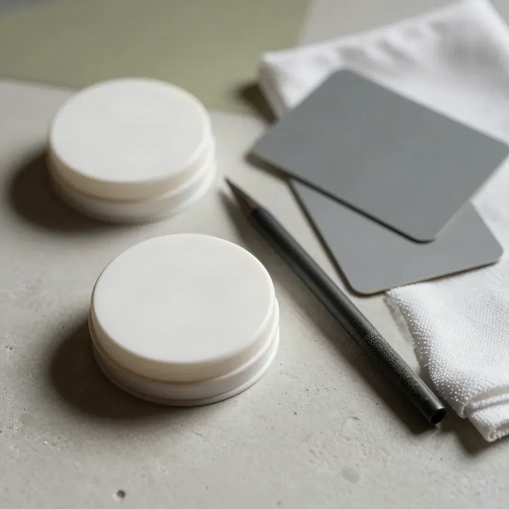 Retouch tools on a plaster desk: calibration puck, stylus, gray card, and cloth