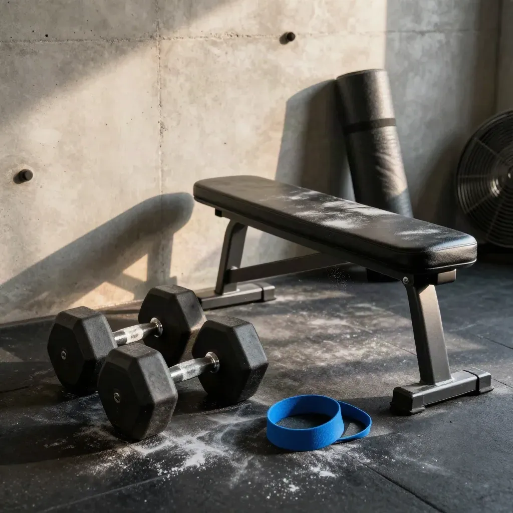 Fitness studio corner with dumbbells, bench, mat, bands and chalk dust in motion.