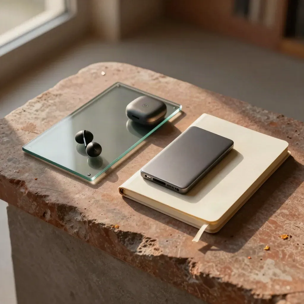 Overhead client producer kit on stone with phone, earbuds, SSD and notebook in soft morning light