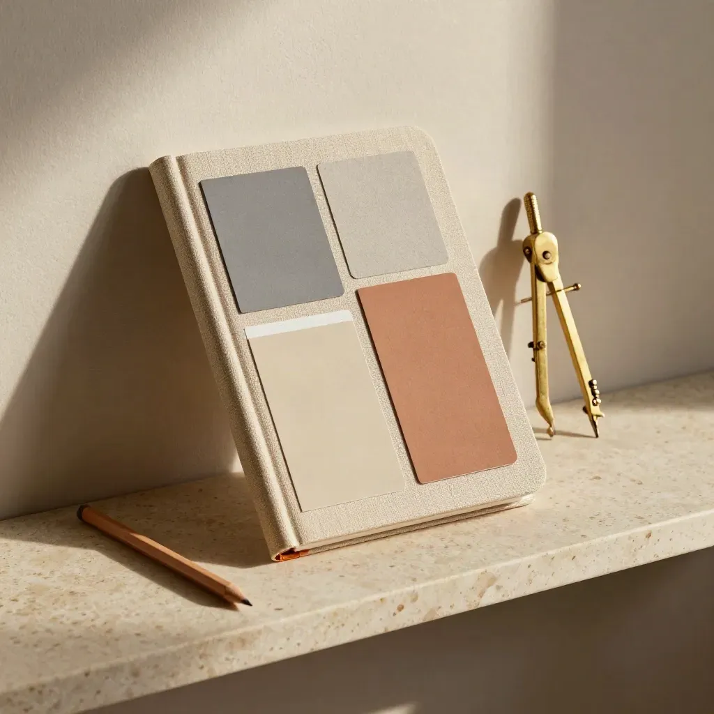 Closed linen notebook with swatches, brass compass and pencil on pale stone, warm side light.