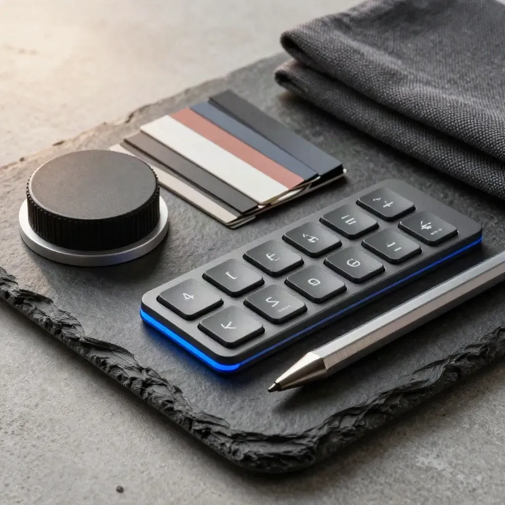 Calibration puck, color strips, keypad and stylus arranged on a dark stone tray