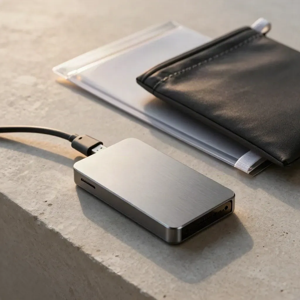 SSD dock, coiled cable, archival sleeve, and pouch on pale plaster, styled overhead