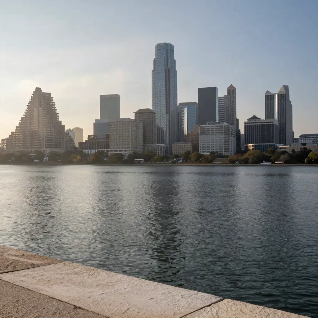 Austin skyline at blue hour over Lady Bird Lake with calm water and haze