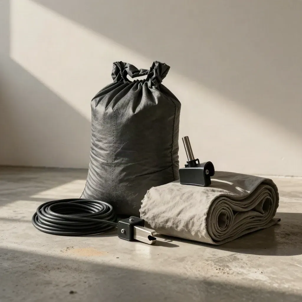 Rigging gear on concrete: sandbag, coiled cable, clamp base, rolled diffuser fabric.